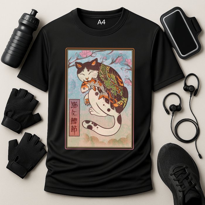 Japanese Woodblock Painting Tattooed Cat with Koi Cooling Performance Crew T-Shirt