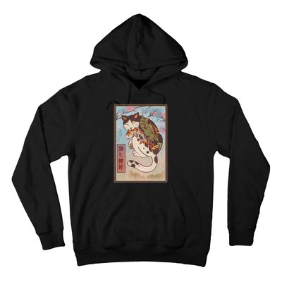 Japanese Woodblock Painting Tattooed Cat with Koi Hoodie