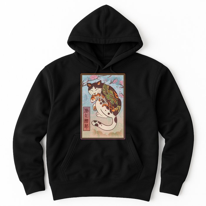 Japanese Woodblock Painting Tattooed Cat with Koi Hoodie