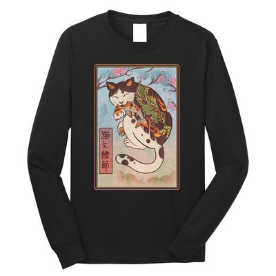 Japanese Woodblock Painting Tattooed Cat with Koi Long Sleeve Shirt