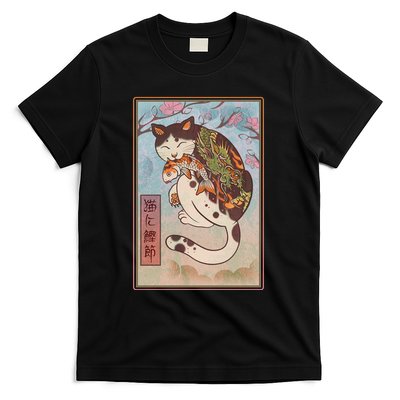 Japanese Woodblock Painting Tattooed Cat with Koi T-Shirt