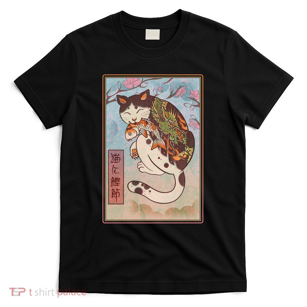 Japanese Woodblock Painting Tattooed Cat with Koi T-Shirt