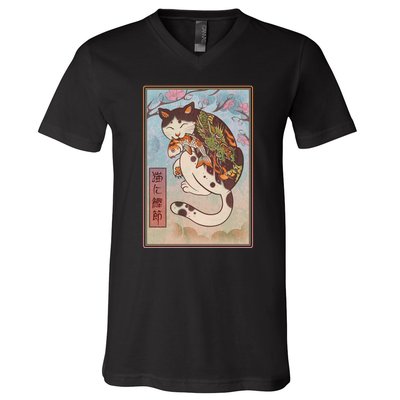 Japanese Woodblock Painting Tattooed Cat with Koi V-Neck T-Shirt