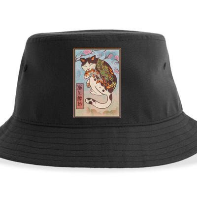 Japanese Woodblock Painting Tattooed Cat with Koi Sustainable Bucket Hat