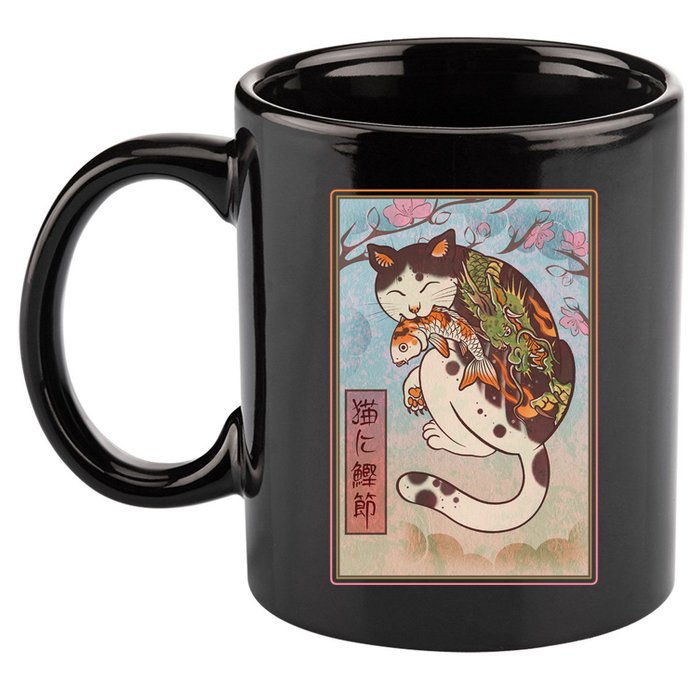 Japanese Woodblock Painting Tattooed Cat with Koi 11oz C Handle Ceramic Mug
