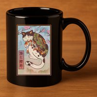 Japanese Woodblock Painting Tattooed Cat with Koi 11oz C Handle Ceramic Mug