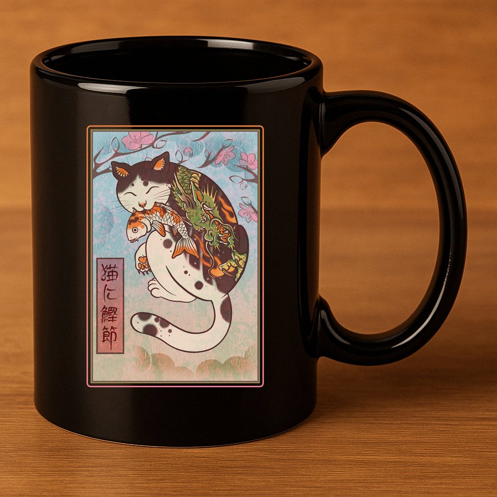 Japanese Woodblock Painting Tattooed Cat with Koi 11oz C Handle Ceramic Mug