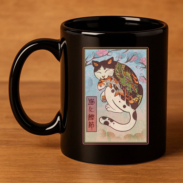 Japanese Woodblock Painting Tattooed Cat with Koi 11oz C Handle Ceramic Mug
