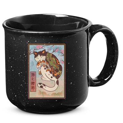 Japanese Woodblock Painting Tattooed Cat with Koi 15oz Campfire Ceramic Mug