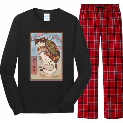 Japanese Woodblock Painting Tattooed Cat with Koi Long Sleeve Pajama Set