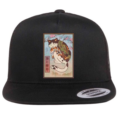 Japanese Woodblock Painting Tattooed Cat with Koi Flatbill Hat
