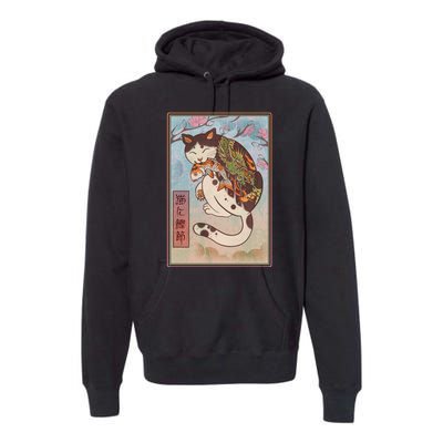 Japanese Woodblock Painting Tattooed Cat with Koi Premium Hoodie