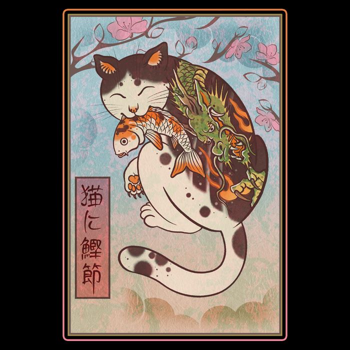 Japanese Woodblock Painting Tattooed Cat with Koi 16 in Basic Backpack