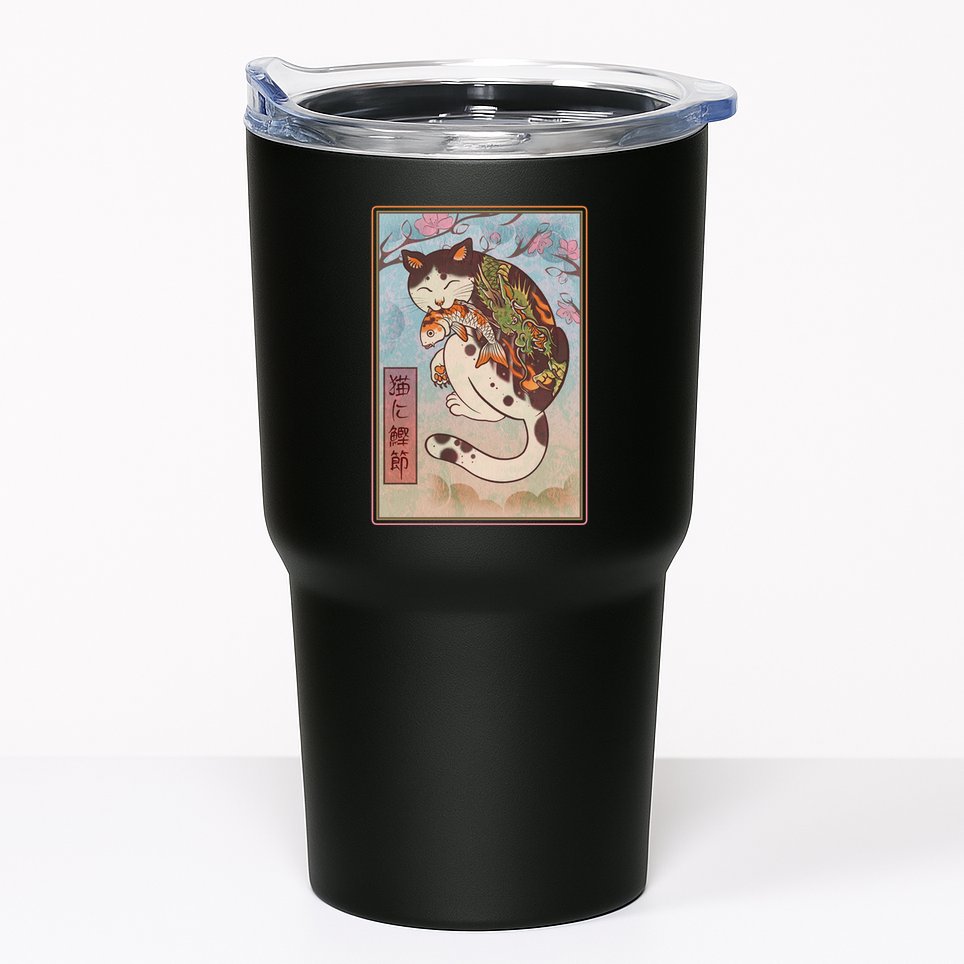 Japanese Woodblock Painting Tattooed Cat with Koi Tumbler