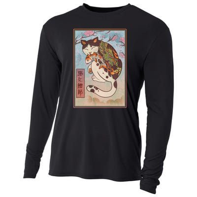 Japanese Woodblock Painting Tattooed Cat with Koi Cooling Performance Long Sleeve Crew