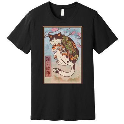 Japanese Woodblock Painting Tattooed Cat with Koi Premium T-Shirt