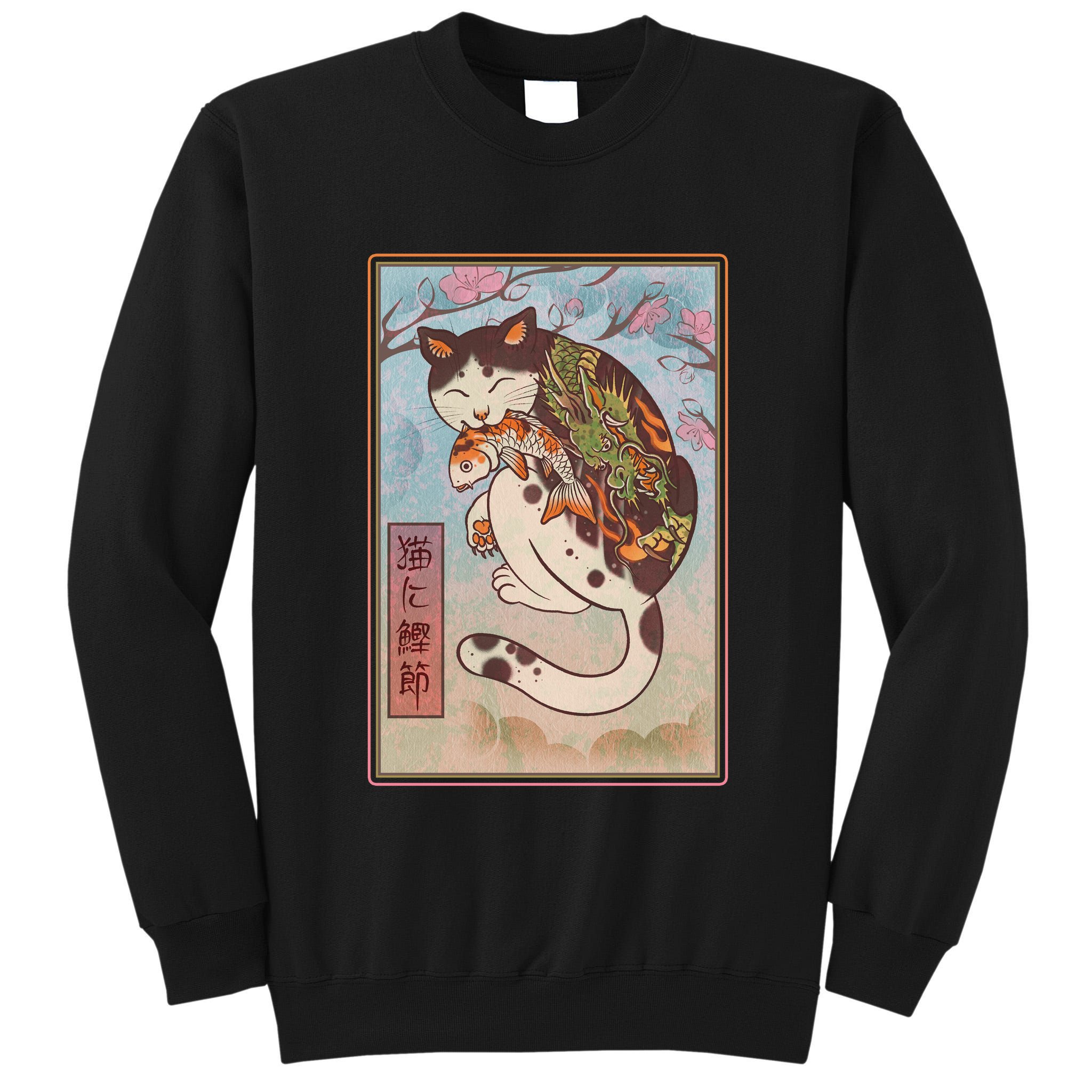 Japanese Woodblock Painting Tattooed Cat with Koi Tall Sweatshirt