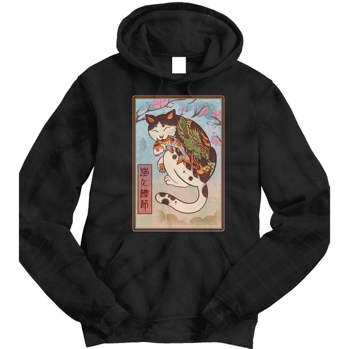 Japanese Woodblock Painting Tattooed Cat with Koi Tie Dye Hoodie