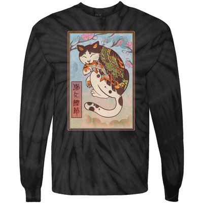 Japanese Woodblock Painting Tattooed Cat with Koi Tie-Dye Long Sleeve Shirt