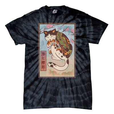 Japanese Woodblock Painting Tattooed Cat with Koi Tie-Dye T-Shirt