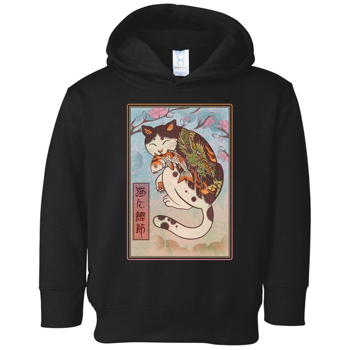 Japanese Woodblock Painting Tattooed Cat with Koi Toddler Hoodie