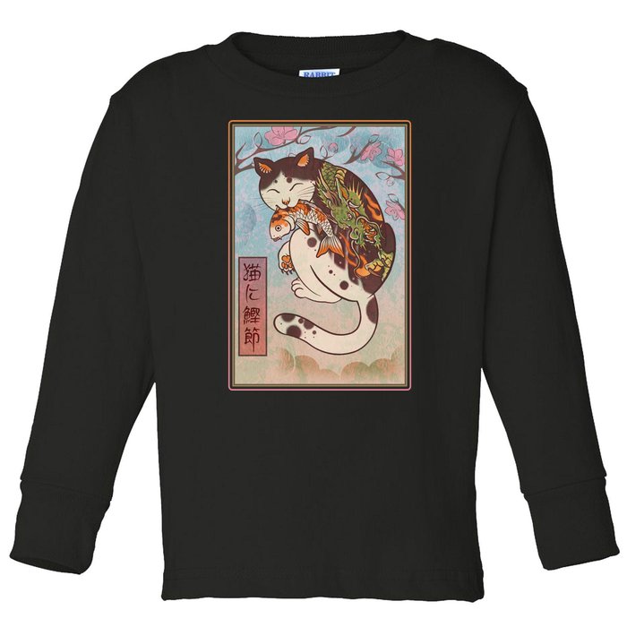 Japanese Woodblock Painting Tattooed Cat with Koi Toddler Long Sleeve Shirt