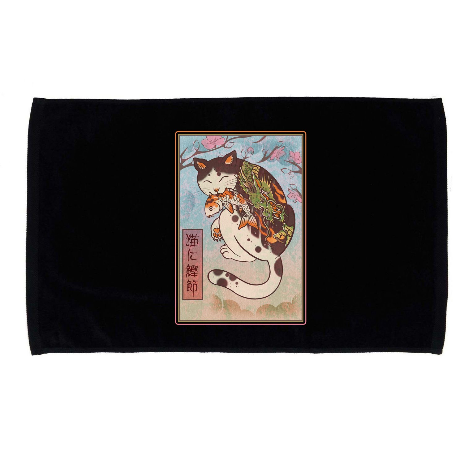 Japanese Woodblock Painting Tattooed Cat with Koi Microfiber Hand Towel