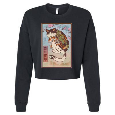 Japanese Woodblock Painting Tattooed Cat with Koi Cropped Pullover Crew