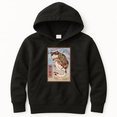 Japanese Woodblock Painting Tattooed Cat with Koi Kids Hoodie