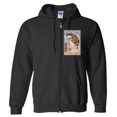 Japanese Woodblock Painting Tattooed Cat with Koi Full Zip Hoodie