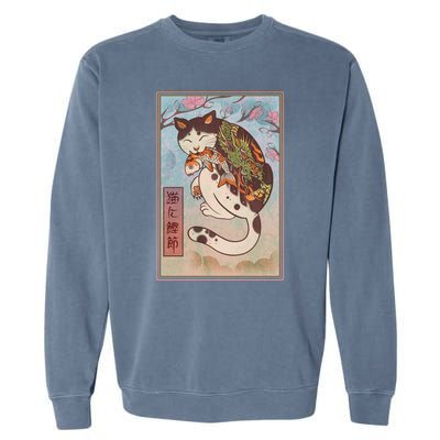 Japanese Woodblock Painting Tattooed Cat with Koi Garment-Dyed Sweatshirt