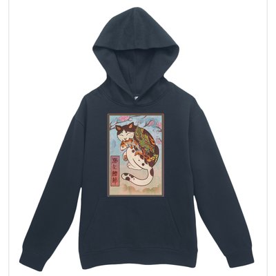 Japanese Woodblock Painting Tattooed Cat with Koi Urban Pullover Hoodie