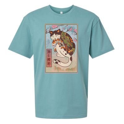 Japanese Woodblock Painting Tattooed Cat with Koi Sueded Cloud Jersey T-Shirt