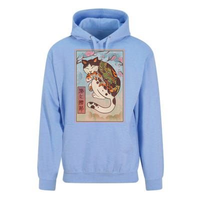 Japanese Woodblock Painting Tattooed Cat with Koi Unisex Surf Hoodie