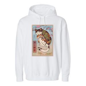 Japanese Woodblock Painting Tattooed Cat with Koi Garment-Dyed Fleece Hoodie