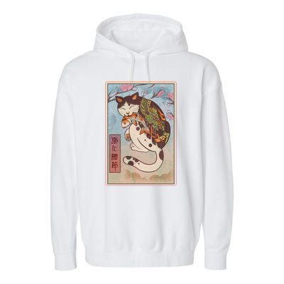 Japanese Woodblock Painting Tattooed Cat with Koi Garment-Dyed Fleece Hoodie