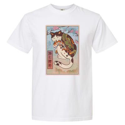 Japanese Woodblock Painting Tattooed Cat with Koi Garment-Dyed Heavyweight T-Shirt