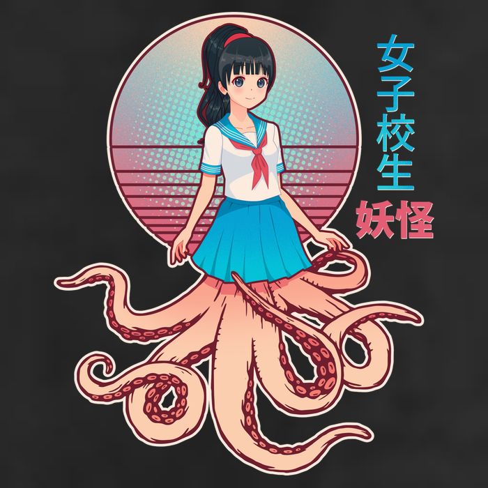 Japanese Yokai Monster Octopus School Girl 7 Panel Mesh Trucker Snapback Hat