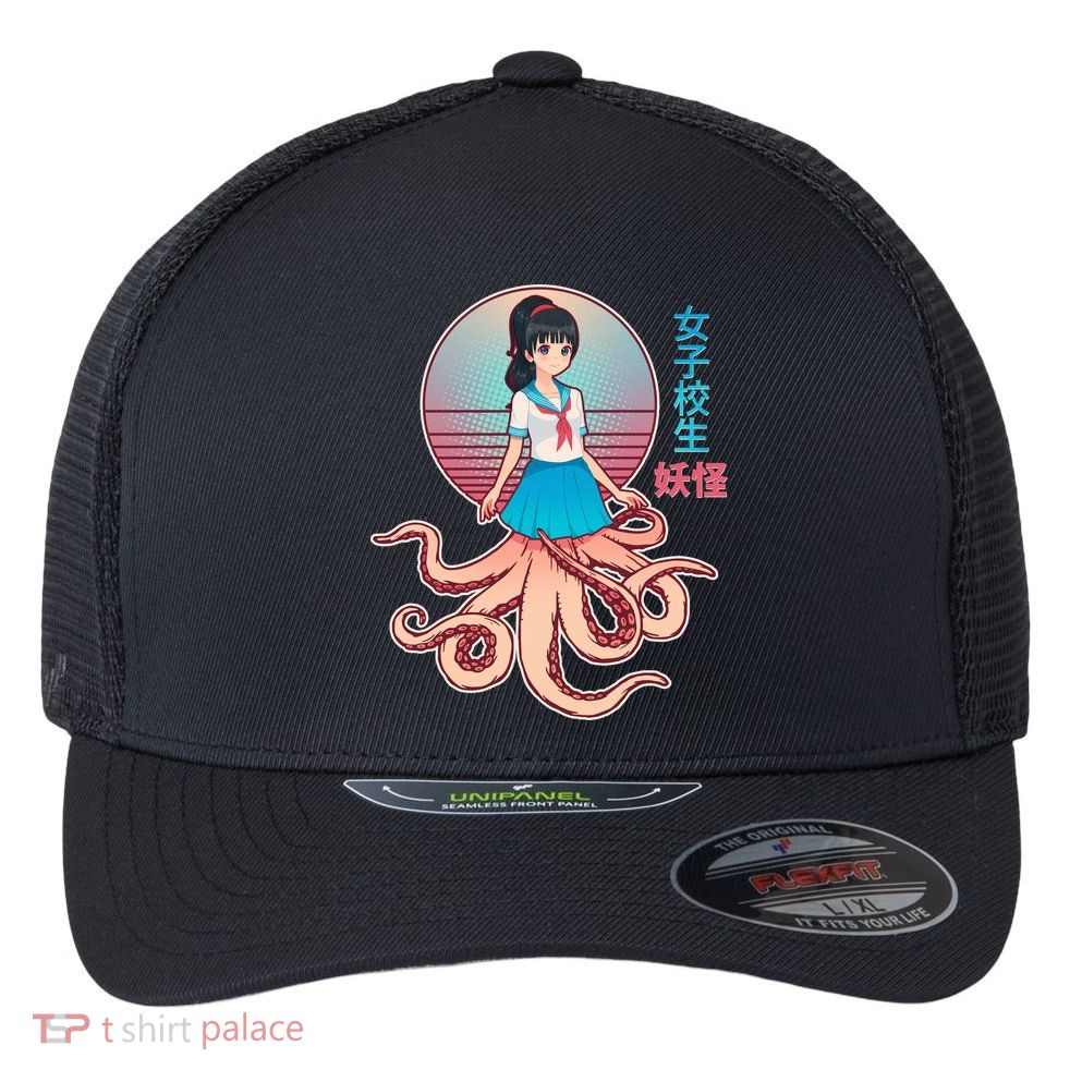 Japanese Yokai Monster Octopus School Girl Flexfit Unipanel Trucker Cap