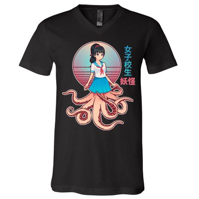 Japanese Yokai Monster Octopus School Girl V-Neck T-Shirt