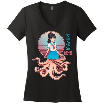 Japanese Yokai Monster Octopus School Girl Women's V-Neck T-Shirt