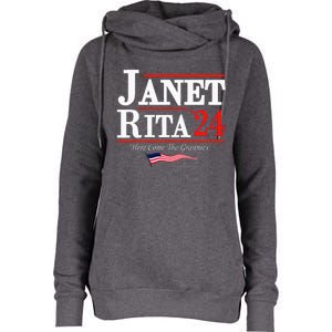 Janet And Rita 2024 Here Come The Grannies Womens Funnel Neck Pullover Hood