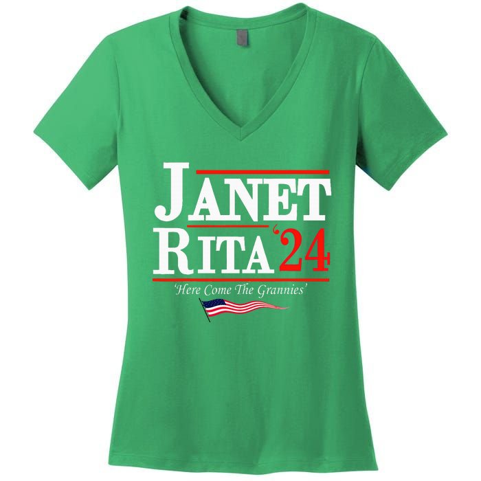 Janet And Rita 2024 Here Come The Grannies Women's V-Neck T-Shirt