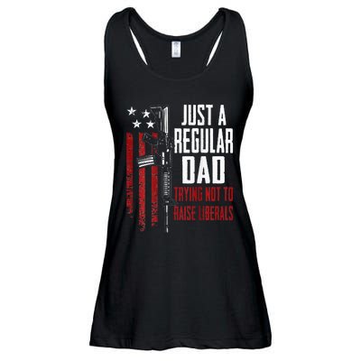 Just A Regular Dad Trying Not To Raise Liberals ON BACK Ladies Essential Flowy Tank