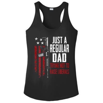 Just A Regular Dad Trying Not To Raise Liberals ON BACK Ladies PosiCharge Competitor Racerback Tank