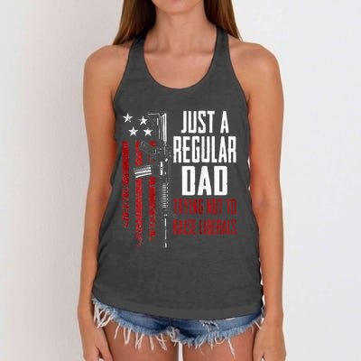 Just A Regular Dad Trying Not To Raise Liberals ON BACK Women's Knotted Racerback Tank