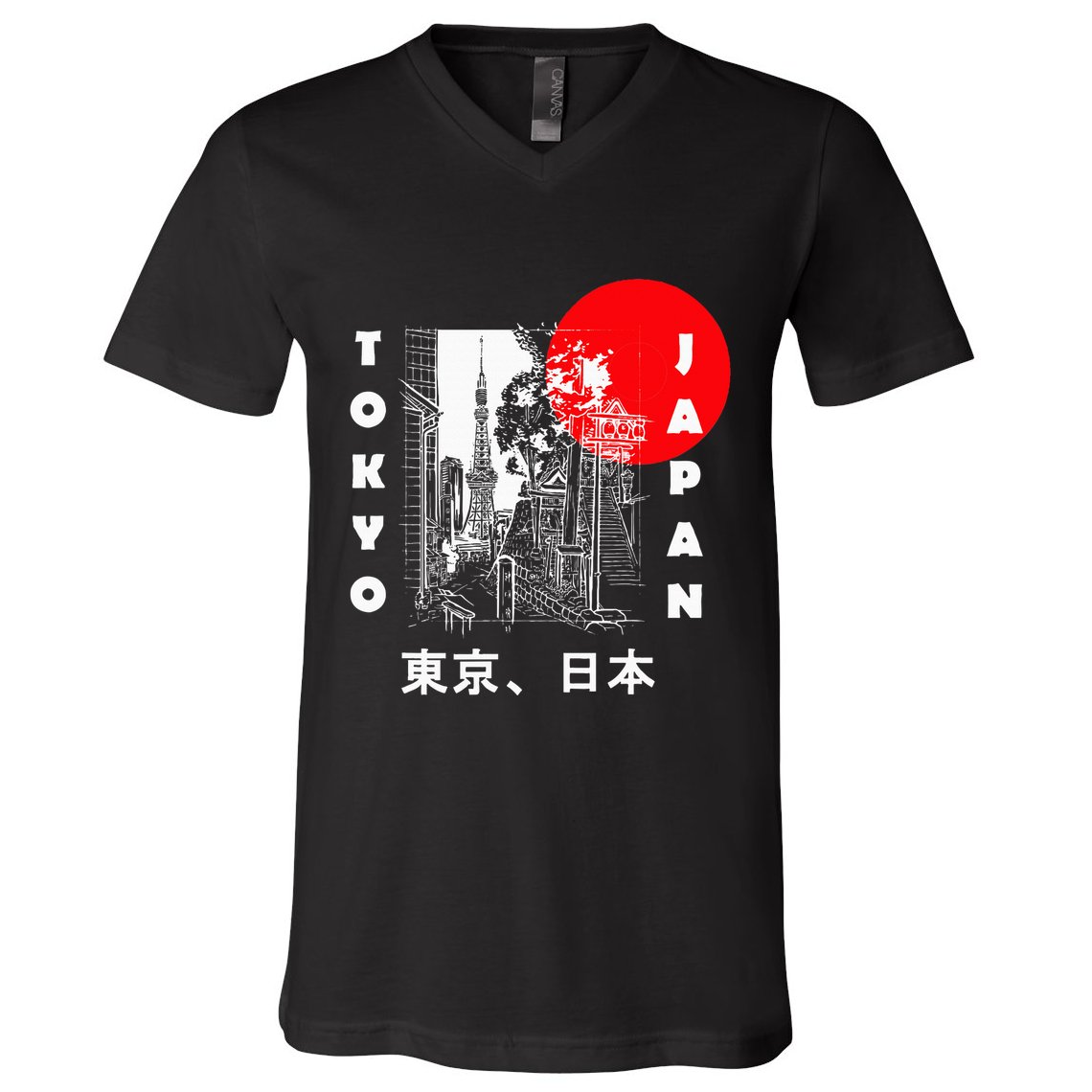 Japan Aesthetic Retro Comic Tokyo Silhouette Japanese Font V-Neck T-Shirt