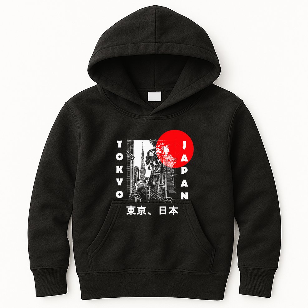 Japan Aesthetic Retro Comic Tokyo Silhouette Japanese Font Kids Hoodie