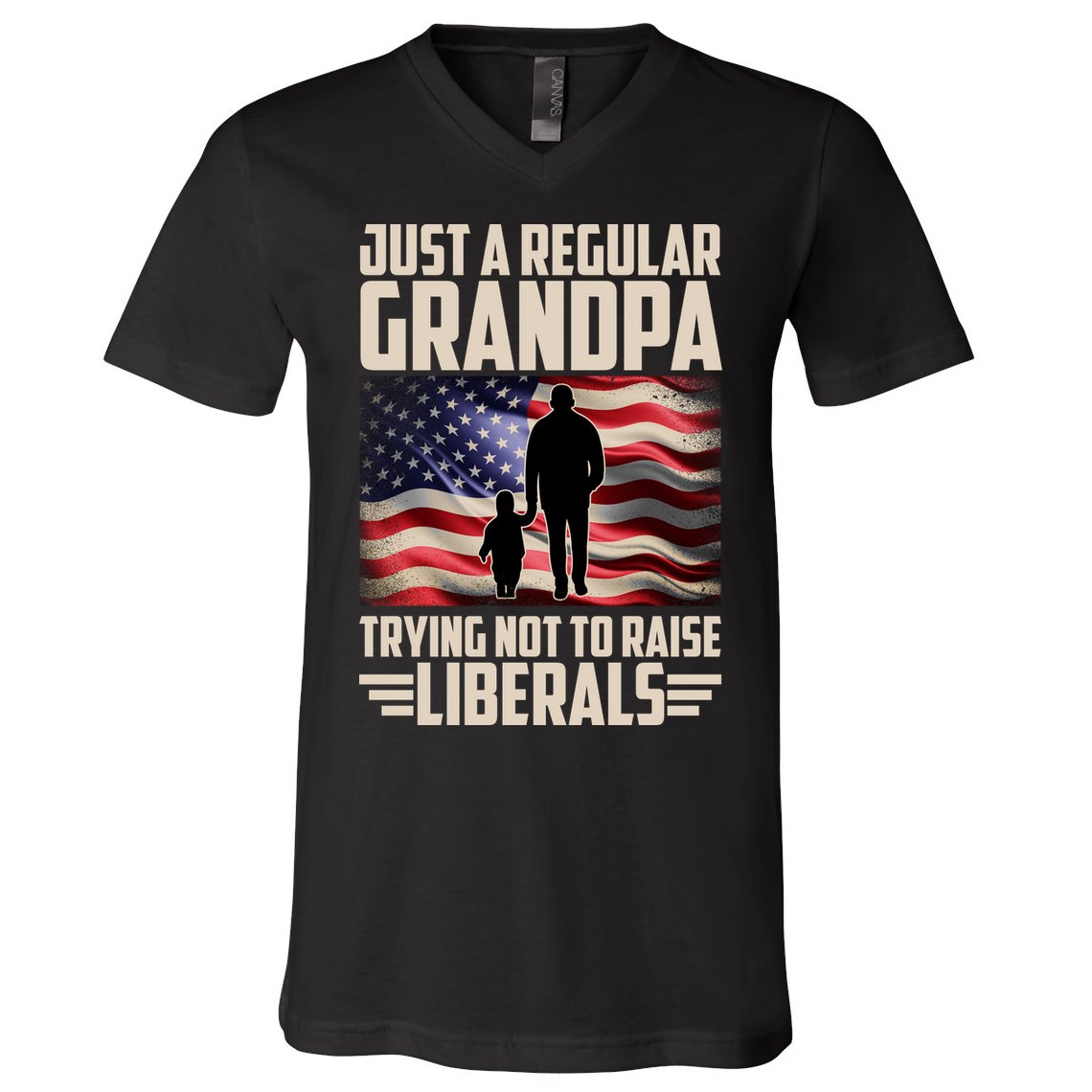 Just A Regular Grandpa Trying Not To Raise Liberals USA American Flag V-Neck T-Shirt