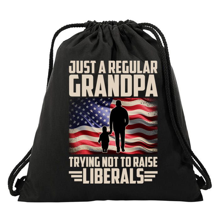 Just A Regular Grandpa Trying Not To Raise Liberals USA American Flag Drawstring Bag